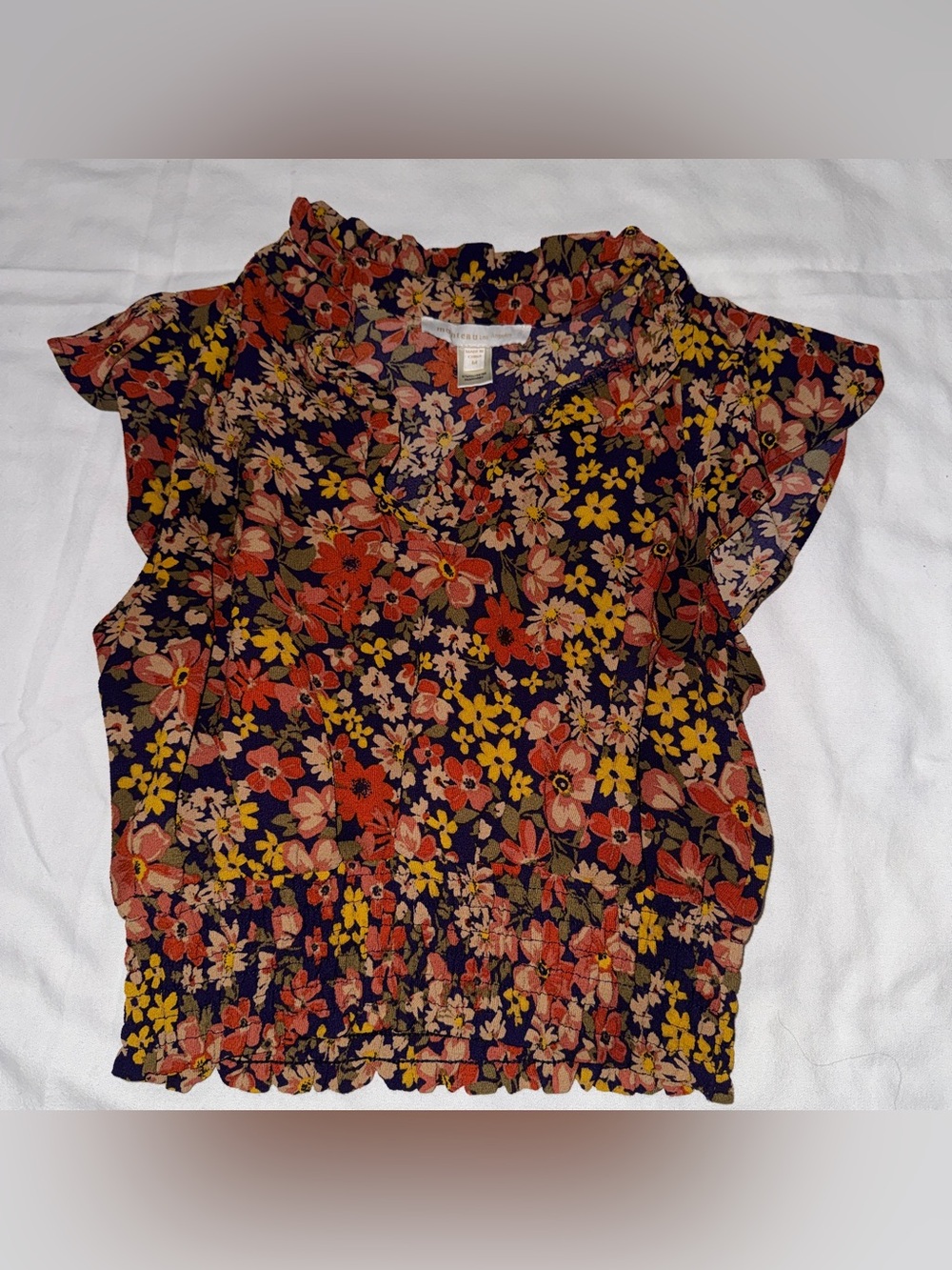 Monteau Navy Floral Ruffle Sleeve Blouse with Red & Yellow Flowers